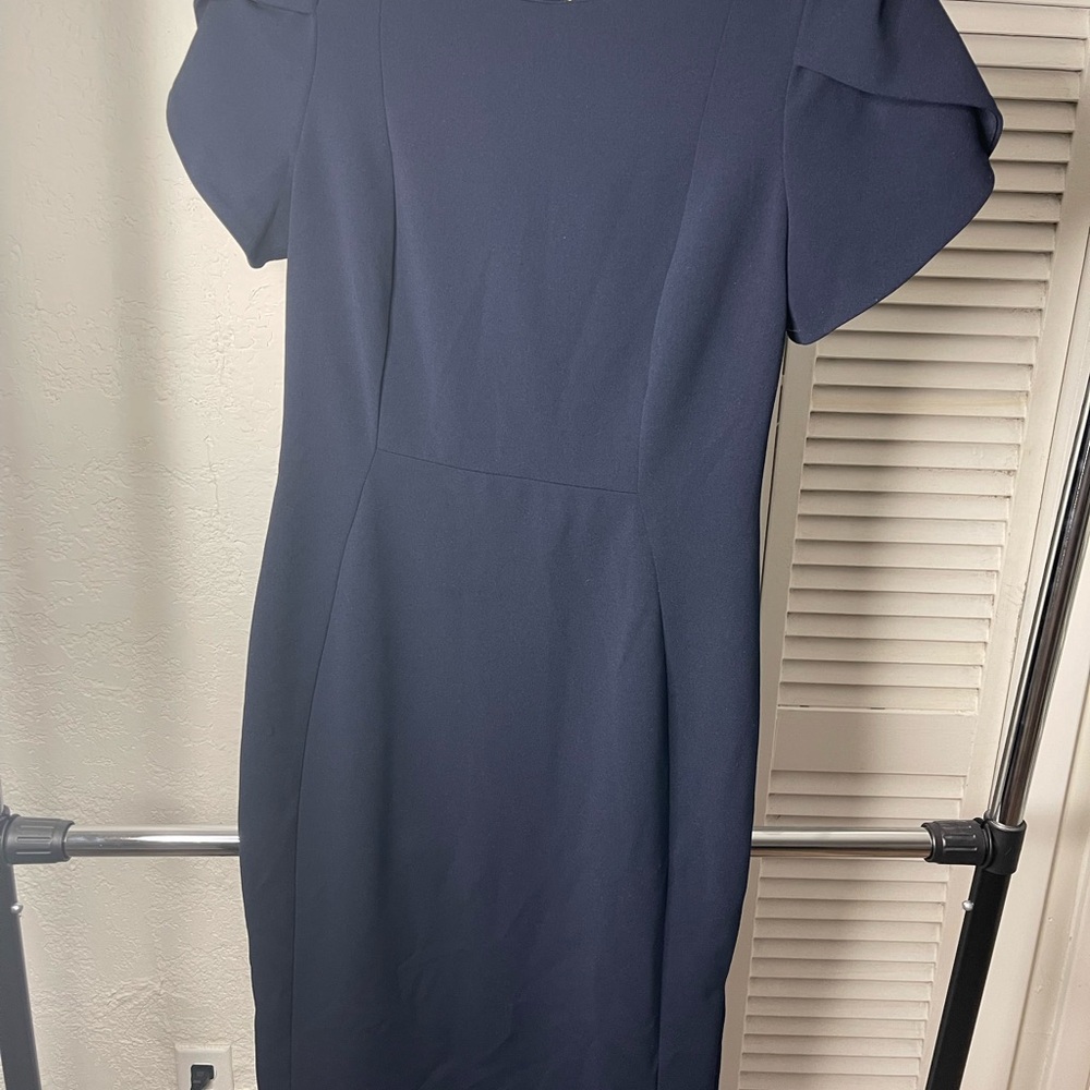 Calvin Klein Blue Sheath Midi Dress Crew Neck Short Sleeve